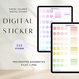 Könnte beinhalten: Ein digitales Sticker-Set mit 112 pastellfarbenen Stickern, darunter Quadrate, Kreise und Banner. Die Sticker sind für Goodnotes und PNG-Dateien zugeschnitten.