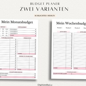 May include: A printable budget planner with two different layouts: a monthly budget and a weekly budget. The planner is designed in a simple style with black text and pink accents.