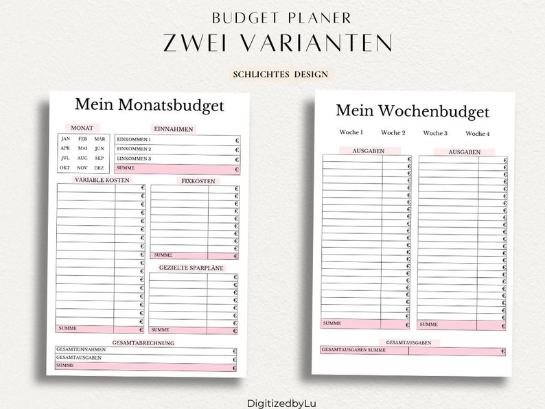 May include: A printable budget planner with two different layouts: a monthly budget and a weekly budget. The planner is designed in a simple style with black text and pink accents.