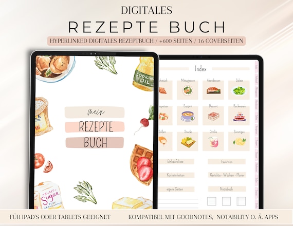 digitales Rezeptbuch deutsch, digitales Kochbuch pdf, Rezeptbuch für Goodnotes,  Rezeptplaner, Digitales Rezept Journal, Mahlzeitenplaner