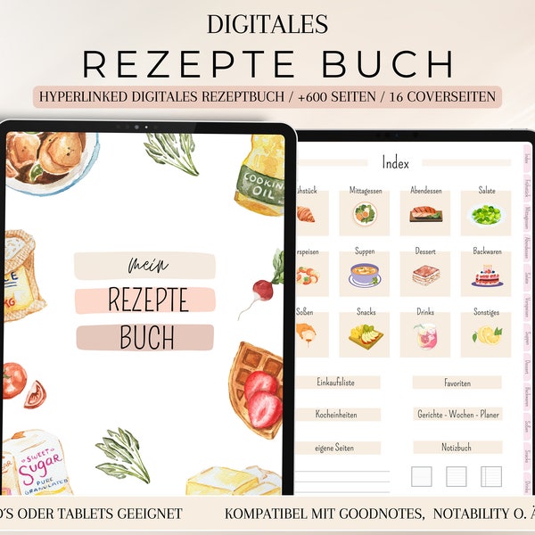 digitales Rezeptbuch deutsch, digitales Kochbuch pdf, Rezeptbuch für Goodnotes,  Rezeptplaner, Digitales Rezept Journal, Mahlzeitenplaner