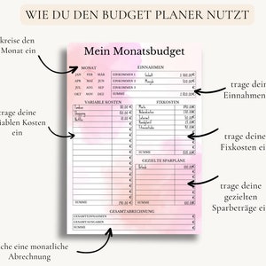 May include: A pink and white budget planner with a monthly calendar, sections for income, expenses, and savings goals. The planner includes instructions on how to use it, such as circling the month, entering income and expenses, and calculating a monthly balance.