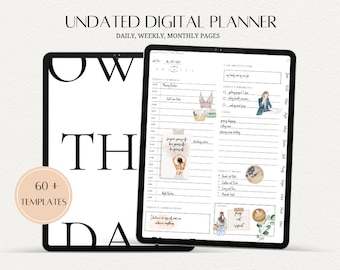 Può includere: Un planner digitale con sfondo bianco e testo nero. Il planner ha una vista giornaliera, settimanale e mensile. Il planner non è datato e ha oltre 60 modelli. Il planner è mostrato su un tablet.