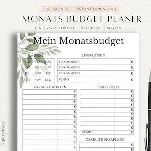 May include: A printable monthly budget planner titled "Mein Monatsbudget" in German. The planner features sections for income, expenses, and savings goals. A black pen is positioned on the right side of the page.
