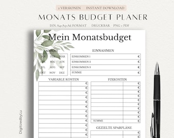 May include: A printable monthly budget planner with the title "Mein Monatsbudget" in German. The planner includes sections for income, expenses, and savings goals. A black pen rests on the right side of the page.