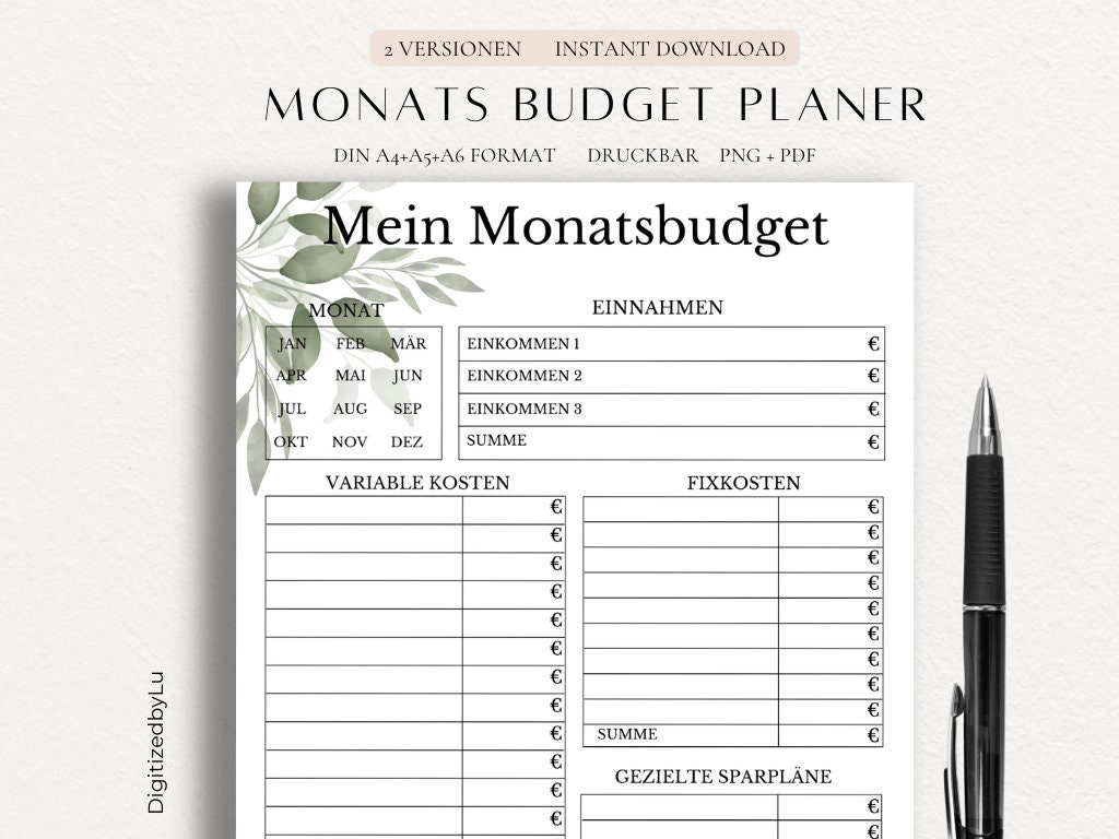 Monats Finanzplaner pdf Deutsch, digitaler Finanzplaner zum Ausdrucken