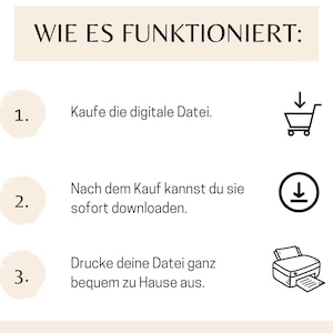 May include: A three-step guide on how to purchase and print a digital file. The steps are numbered 1, 2, and 3. Step 1 shows a shopping cart icon. Step 2 shows a download icon. Step 3 shows a printer icon.