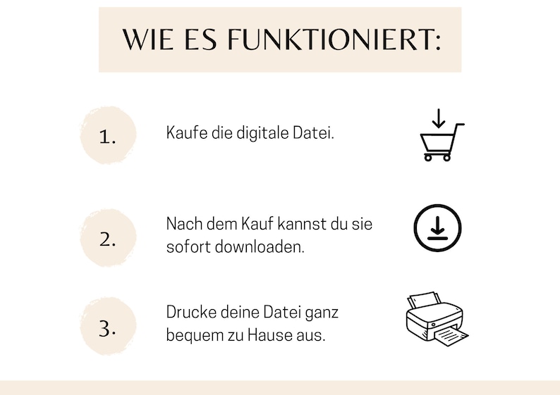 May include: A three-step guide on how to purchase and print a digital file. The steps are numbered 1, 2, and 3. Step 1 shows a shopping cart icon. Step 2 shows a download icon. Step 3 shows a printer icon.