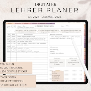 Könnte beinhalten: Ein digitaler Lehrerplaner mit einem Farbkonzept in Rosa, Pfirsich und Grau. Der Planer umfasst über 210 Seiten, 5.200 Hyperlinks und 230 digitale Sticker. Außerdem verfügt er über 15 Titelseiten, 12 Kategorien und ein Notizbuch mit 20 Seiten.