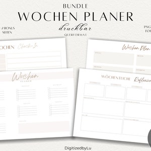 May include: A bundle of printable weekly planner pages in a neutral color palette. The pages include sections for check-ins, weekly plans, and reflections. Text includes "Bundle", "Wochen Planer", and "PNG + PDF Format".