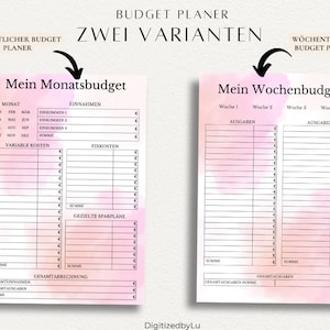 May include: A printable budget planner with two options: a monthly budget and a weekly budget. The planner has a pink watercolor background and is designed to help you track your income, expenses, and savings.