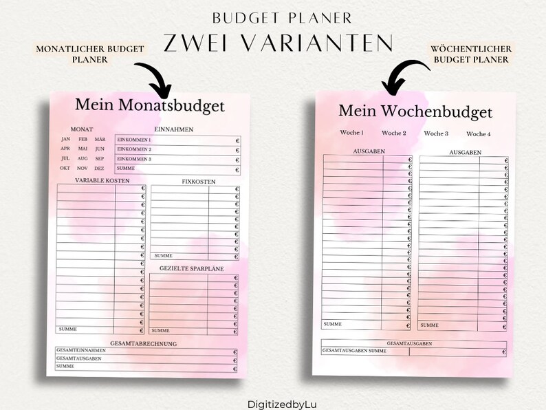 May include: A printable budget planner with two options: a monthly budget and a weekly budget. The planner has a pink watercolor background and is designed to help you track your income, expenses, and savings.