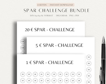May include: Printable savings challenge bundle with three different challenge options: €20, €5, and €1. Each challenge has a grid of circles with the amount to save written inside.