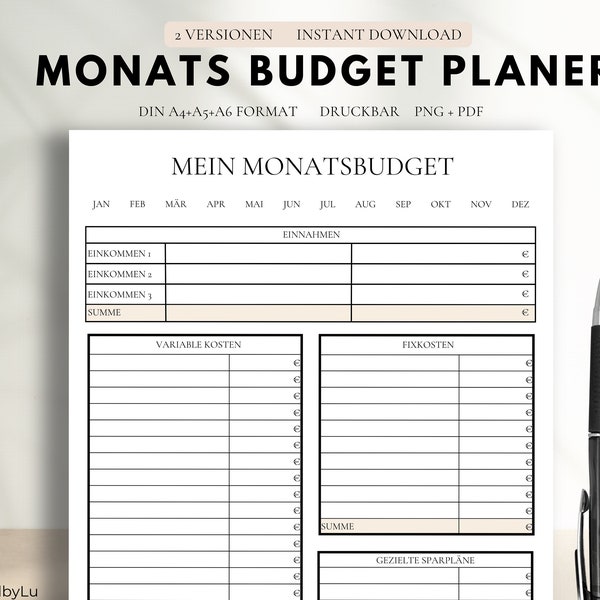 Budget Planer Deutsch, Finanzplaner zum Ausdrucken, Haushaltsbuch, Monatliches Budget, Spartracker, Fixkosten, Sofort Download PDF