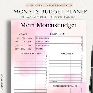 May include: A printable monthly budget planner in German. The planner has sections for income, variable costs, fixed costs, and savings goals. The background is a soft pink watercolor wash.