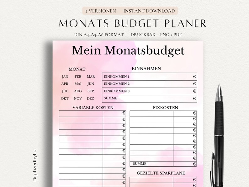 May include: A printable monthly budget planner in German. The planner has sections for income, variable costs, fixed costs, and savings goals. The background is a soft pink watercolor wash.