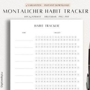 May include: A printable monthly habit tracker with a simple design. The tracker has a list of habits on the left and a grid of 31 circles for each day of the month on the right.