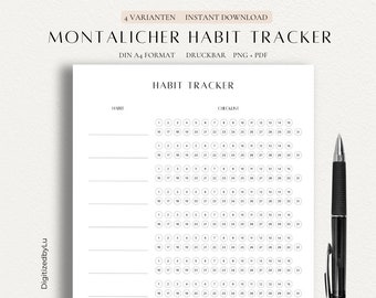 Maandelijkse gewoonte-tracker afdrukbaar, gewoonte-tracker sjabloon, routine-tracker, A4, direct downloaden