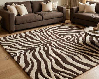 Zebra Print Rug Brown Ivory – Hand Tufted Wool Area Rug – Modern Animal Print Carpet – Luxury Safari Living Room Rug – Custom Size