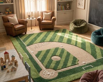 Baseball Field Kids Rug, Sports Nursery Rug, Green Baseball Diamond Rug, Kids Playroom Carpet, Baseball Nursery Decor, Boys Room Rug, Sports