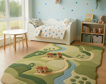 Kids Village Landscape Rug | Hand Tufted Play Rug | New Zealand Wool Nursery Rug | Sensory Kids Room Rug | Custom Size Nursery Carpet