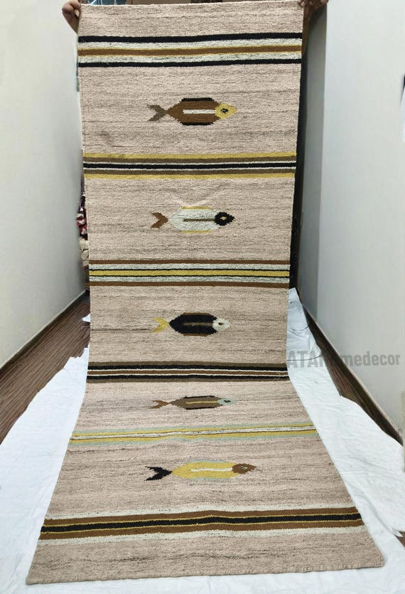 Hand woven rug,Artisan Flatweave Rug with Bold Fish Motif – Natural Wool & Cotton Handmade kilim durrie Hand Made Rug And Custom Rug