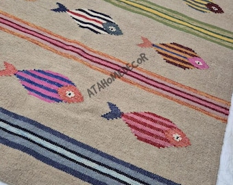 Colorful Fish Handwoven Wool Rug | Modern Bohemian Flatweave Carpet | Kids Room & Living Room Area Rug,Handmade Wool Kilim by ATA Home Decor