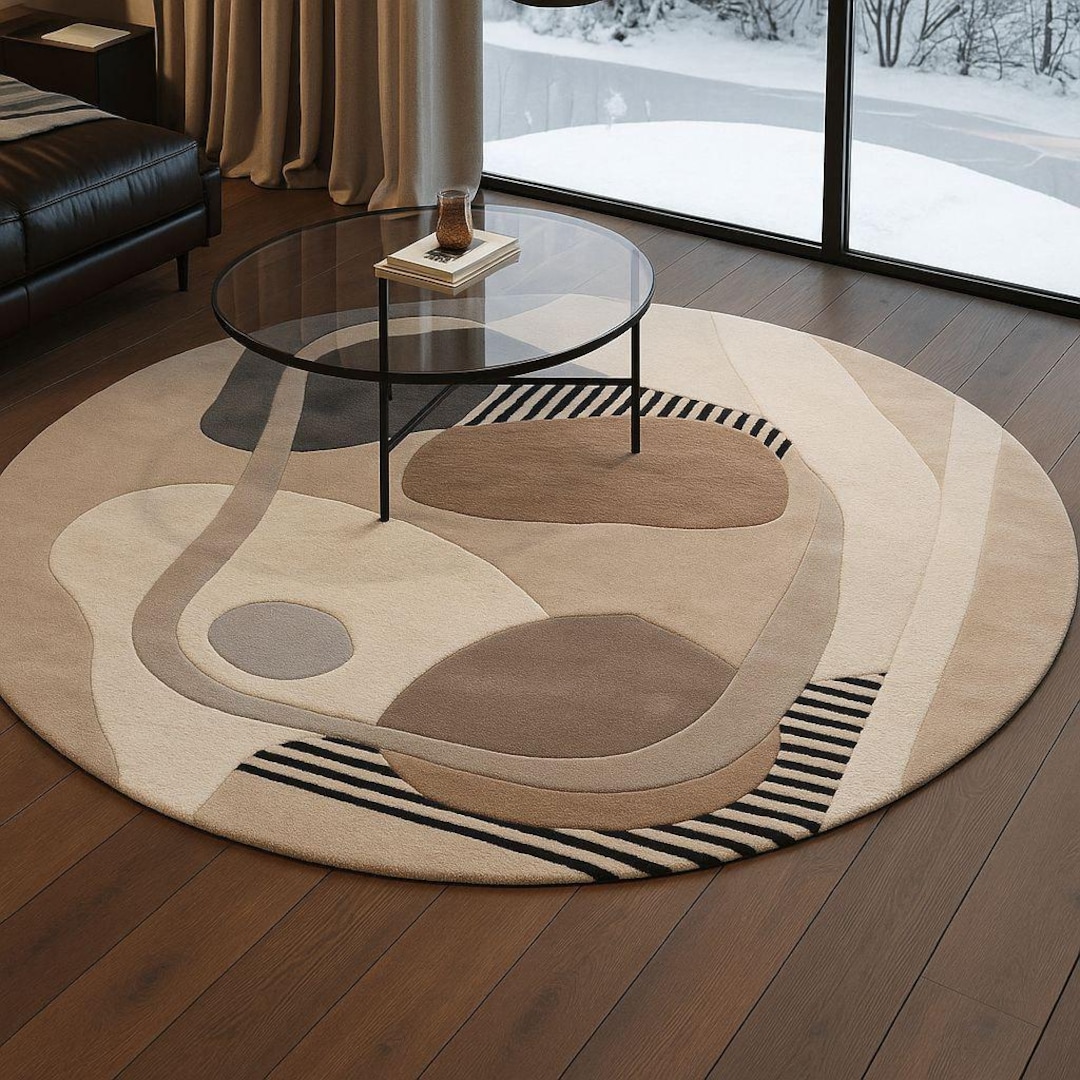 Round Large Rug Abstract Hand Tufted Modern Abstract Round Area Rug – Neutral Beige, Brown ...