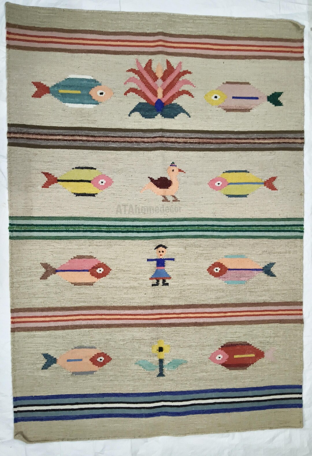 Kilim Fish Rug Handwoven Durrie Rug With Fish, Flower, and Bird Motifs Tapestry, Hand ...