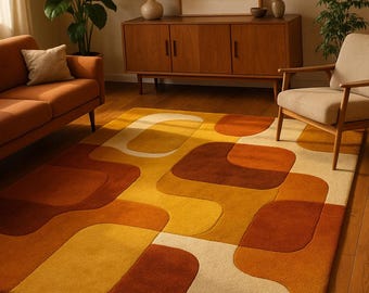 Retro Geometric Hand-Tufted Wool Rug – Mustard, Burnt Orange & Cream | Mid-Century Modern Area Rug | Vintage Style Carpet for Living Room