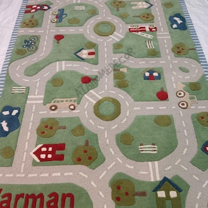 Handmade Tufted Rug Kids Play Rug, Car Track Road Map Area Rug, Children’s Playroom & Nursery Floor Rug, Area Tufted Rug