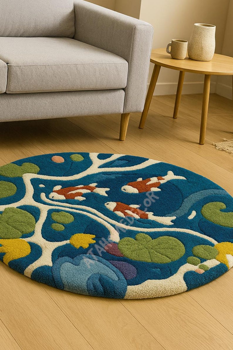 Pond Rug Design Round Hand-tufted Koi Pond Rug – Colorful Carp Fish Design | Artistic ...