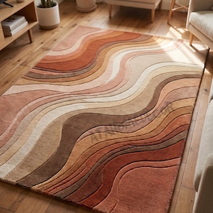 Retro Wave Tufted Rug, Abstract Curved Area Rug, Handmade Wool Loop Rug, Modern Neutral Living Room Carpet, Boho Bedroom Rug