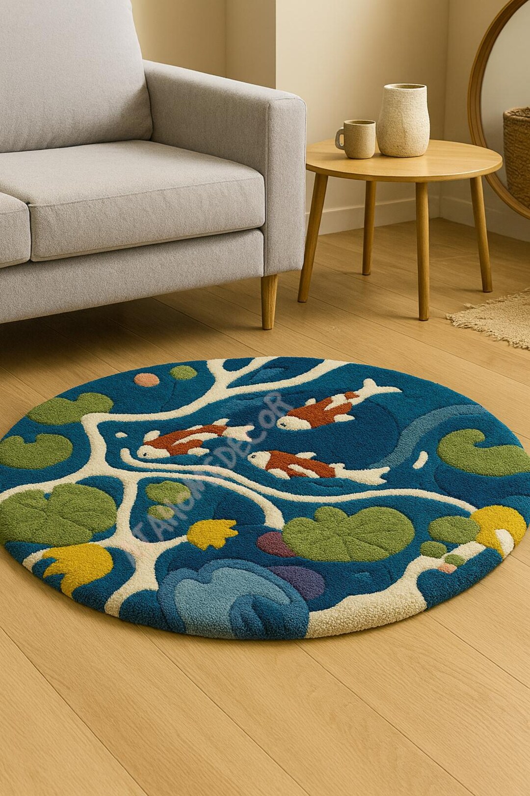Pond Rug Design Round Hand-tufted Koi Pond Rug – Colorful Carp Fish Design | Artistic ...