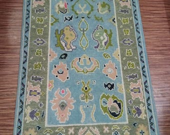 Alfombra turca Oushak con estampado azul, anudada a mano, con patrón Kilim, tamaño personalizado