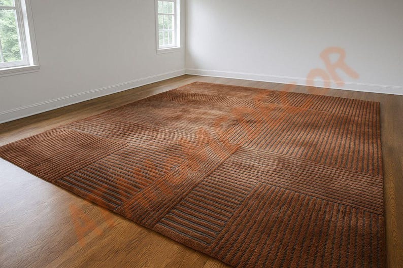 Modern Hand-tufted Wool Rug – Rust Brown & Taupe Geometric Lines Design ...