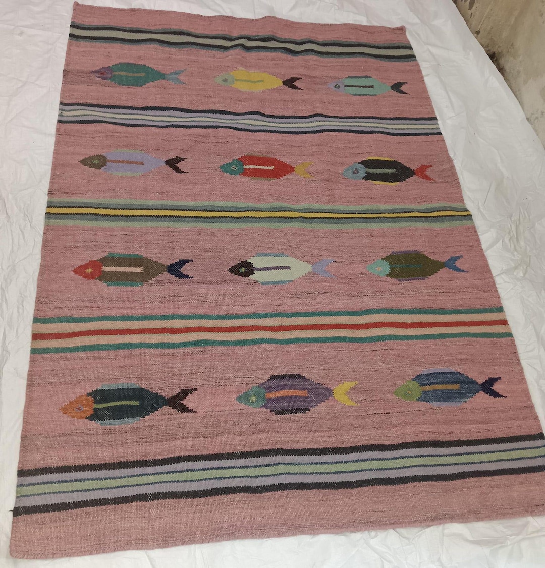 Handwoven Pink Fish Durrie Rug – Wool & Cotton Blend Flatweave Rug ...