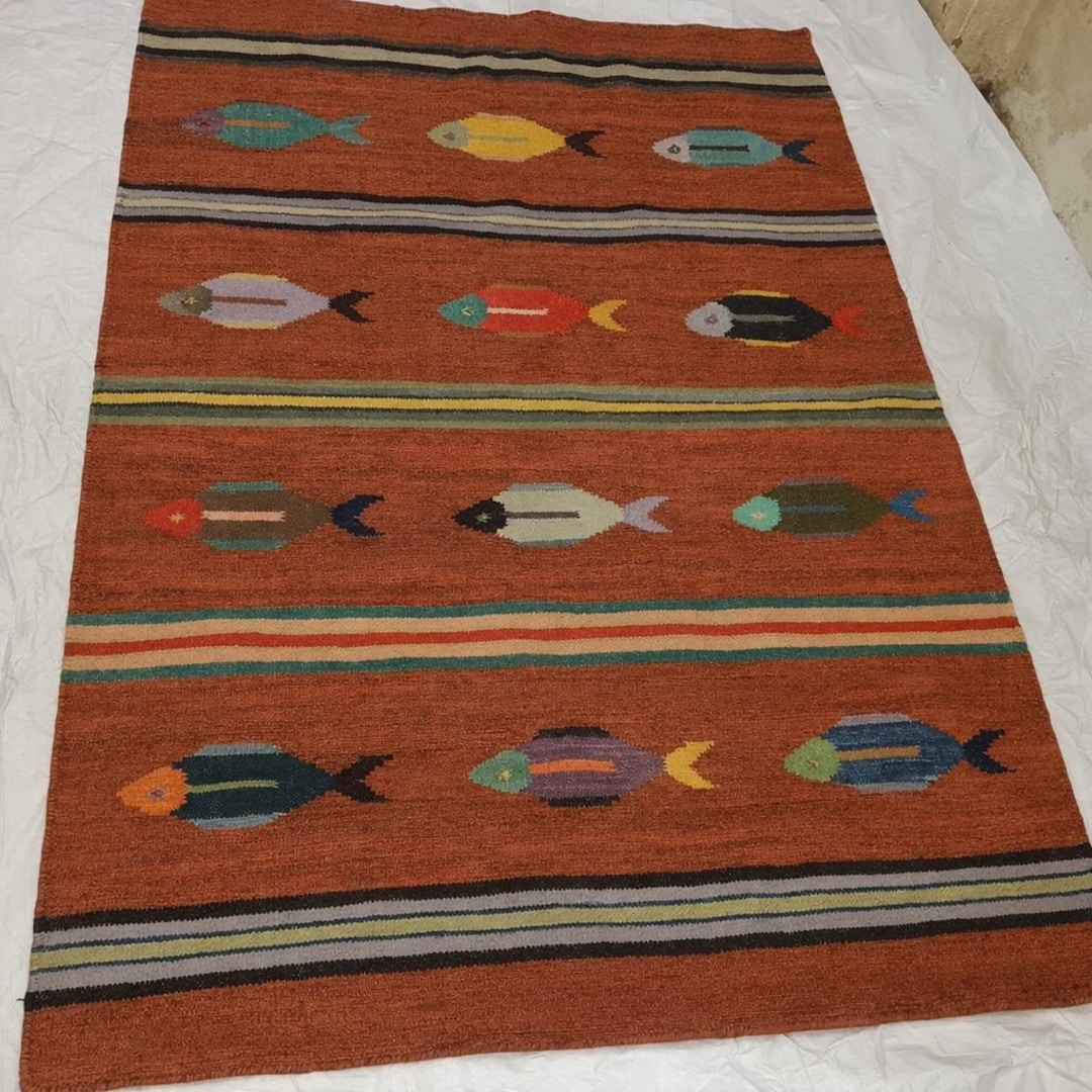 Kilim Fish Rug Handwoven Wool Kilim Fish Rug, Colorful Fish Pattern Durrie Carpet ...