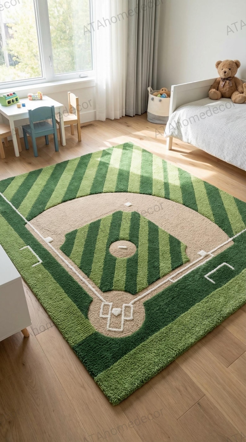 Baseball Rug Drawing Baseball Field Kids Rug, Sports Nursery Rug, Green Baseball Diamond Rug ...
