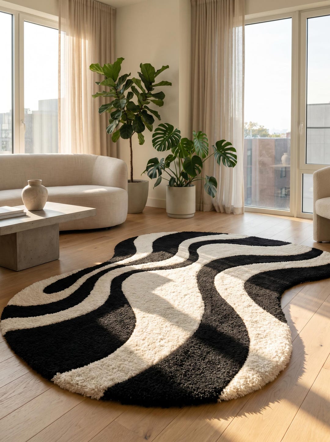 Abstract Black White Rug, Irregular Shape Hand Tufted Rug, Modern Area ...