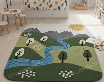 May include: A rectangular children's rug with a landscape design. The rug features a blue river winding through green hills, trees, and a smiling sun. The rug is placed in a child's bedroom.