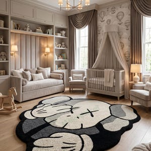 May include: A nursery with a light color palette, featuring a large rug with a cartoon character design in black, white, and gray. The room includes a crib, sofa, armchairs, and a rocking horse. The walls are decorated with wallpaper and curtains.