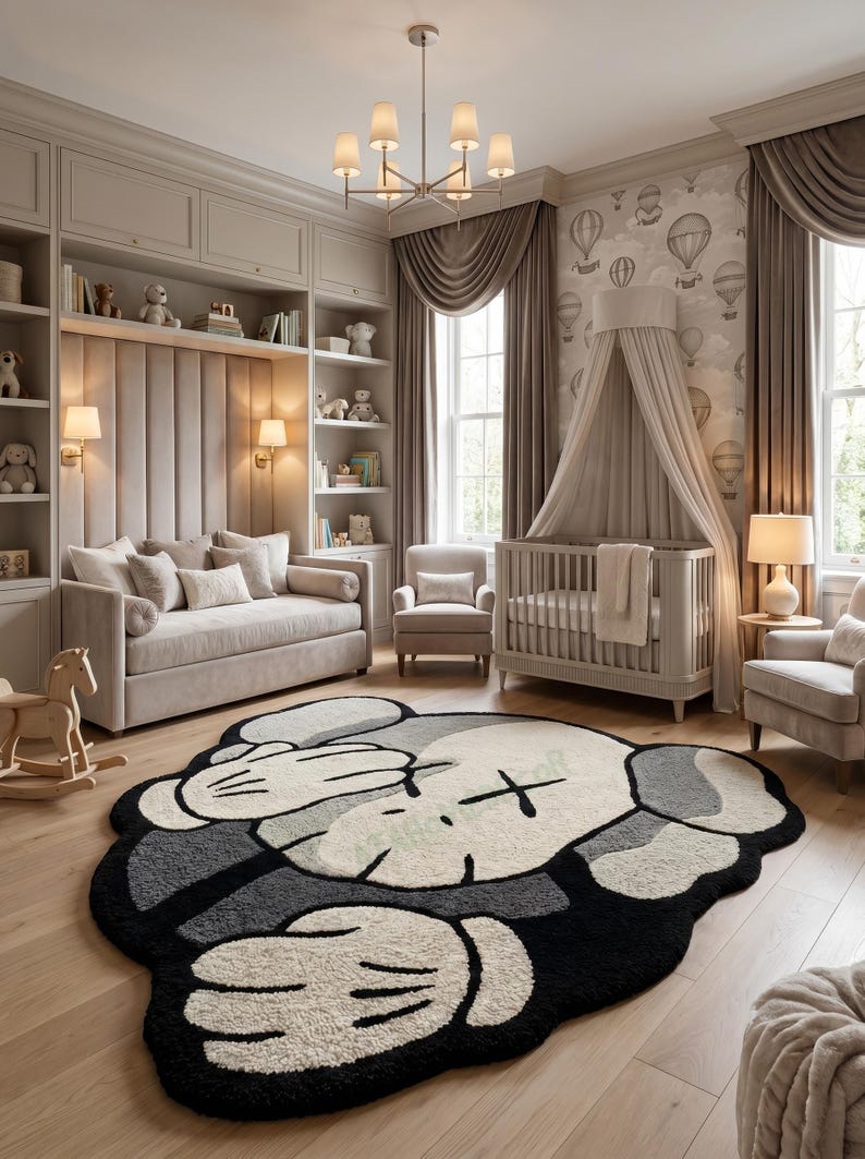 May include: A nursery with a light color palette, featuring a large rug with a cartoon character design in black, white, and gray. The room includes a crib, sofa, armchairs, and a rocking horse. The walls are decorated with wallpaper and curtains.