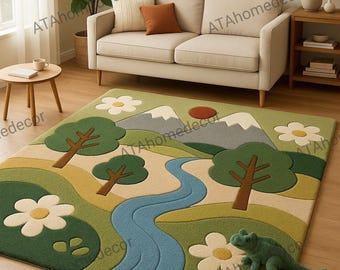 Kids Mountain Landscape Rug | Hand Tufted Wool Play Rug | 3D Carved Nursery Rug | Montessori Sensory Rug | New Zealand Wool Kids Room