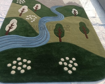 Hand-Tufted Kids Play Rug – Mountain & River Landscape Design | Soft Nursery Rug | Playroom And Bedroom Carpet | Tufted Rugs