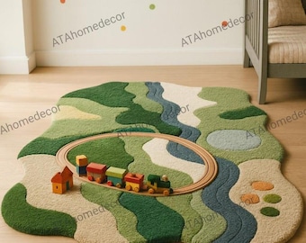Handgetuft kindertapijt | Speelkleed liggend | Op maat gemaakt kinderkamertapijt | Nieuw-Zeelandse wol, 60 counts | Montessorispeelkleed | Vloerkleed met onregelmatige vorm