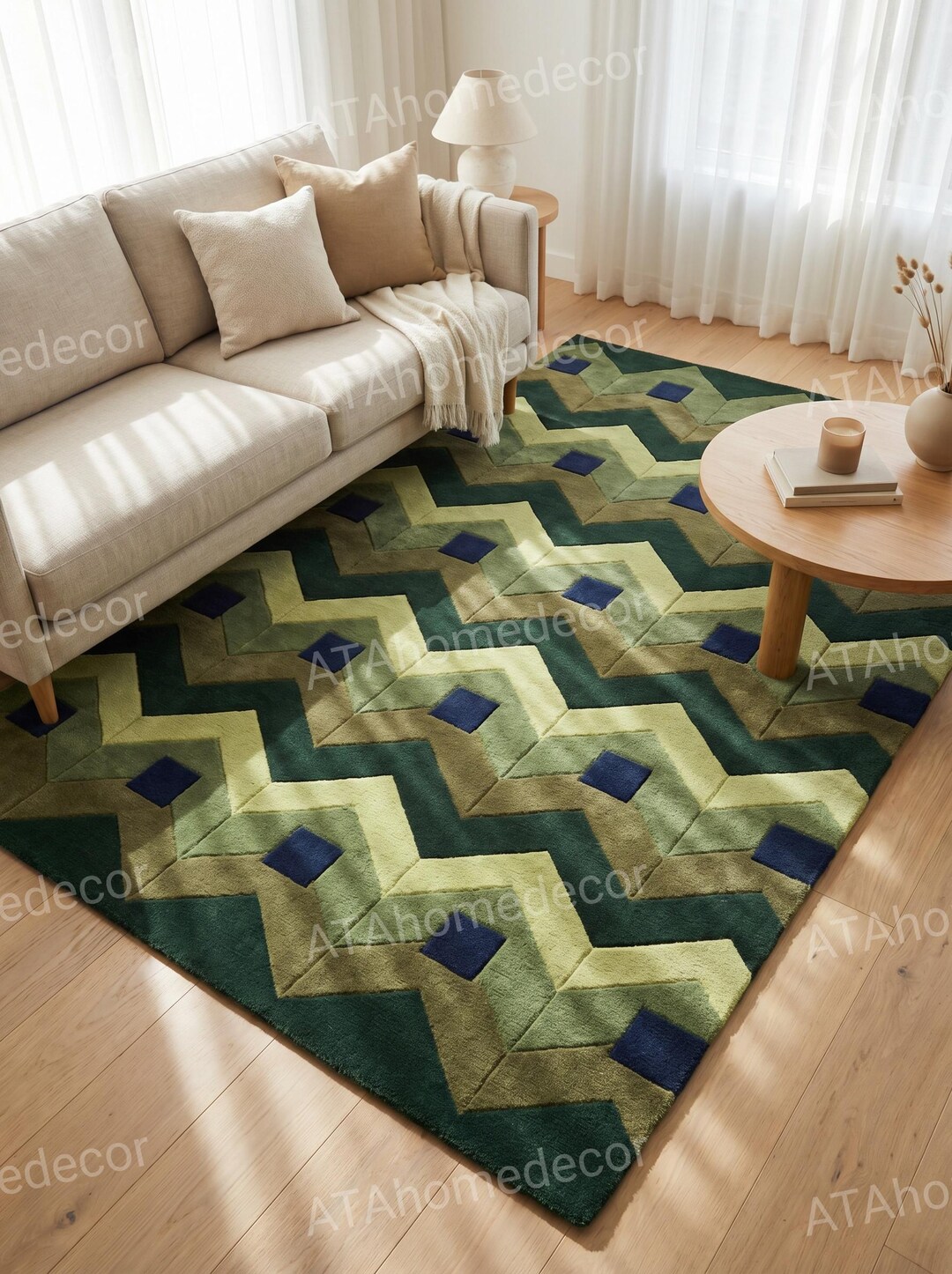 Green Geometric Rug, Hand Tufted Wool Rug, Modern Chevron Rug, Dark ...