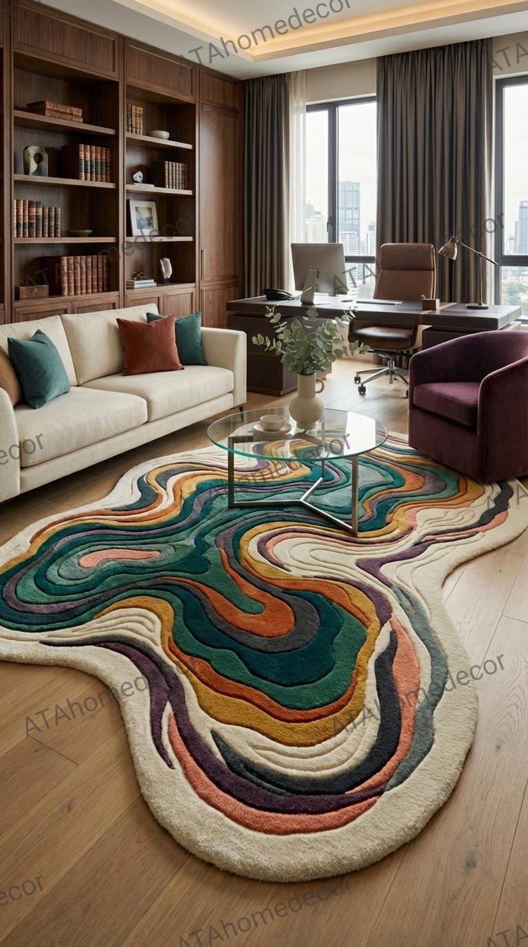 Abstract Tufted Rug, Irregular Shape Modern Area Rug, Handmade Colorful ...