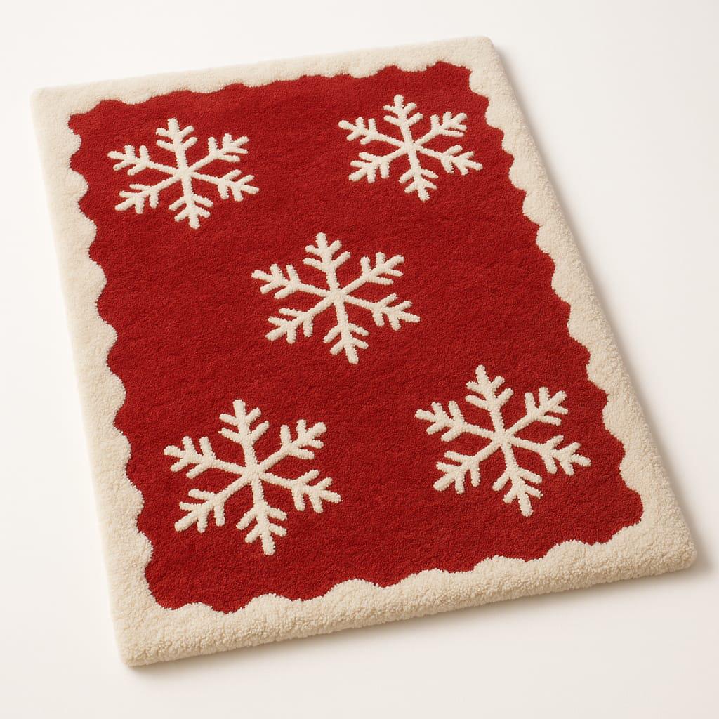 Cozy Snowflake Christmas Rug – Red & Cream Scalloped Edge Wool Area Rug ...