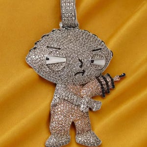 14K White Gold Plated 5Ct Round Cut Moissanite Pendant with Cartoon Character Charm | Sterling Silver | Unique, Fun, and Whimsical Jewelry